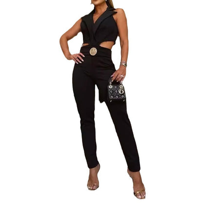 Fashion Polo Collar Solid Color Hollow Women's Jumpsuit