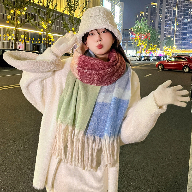 Soft And Thickened Mohair Scarf Women's Color Matching Scarf