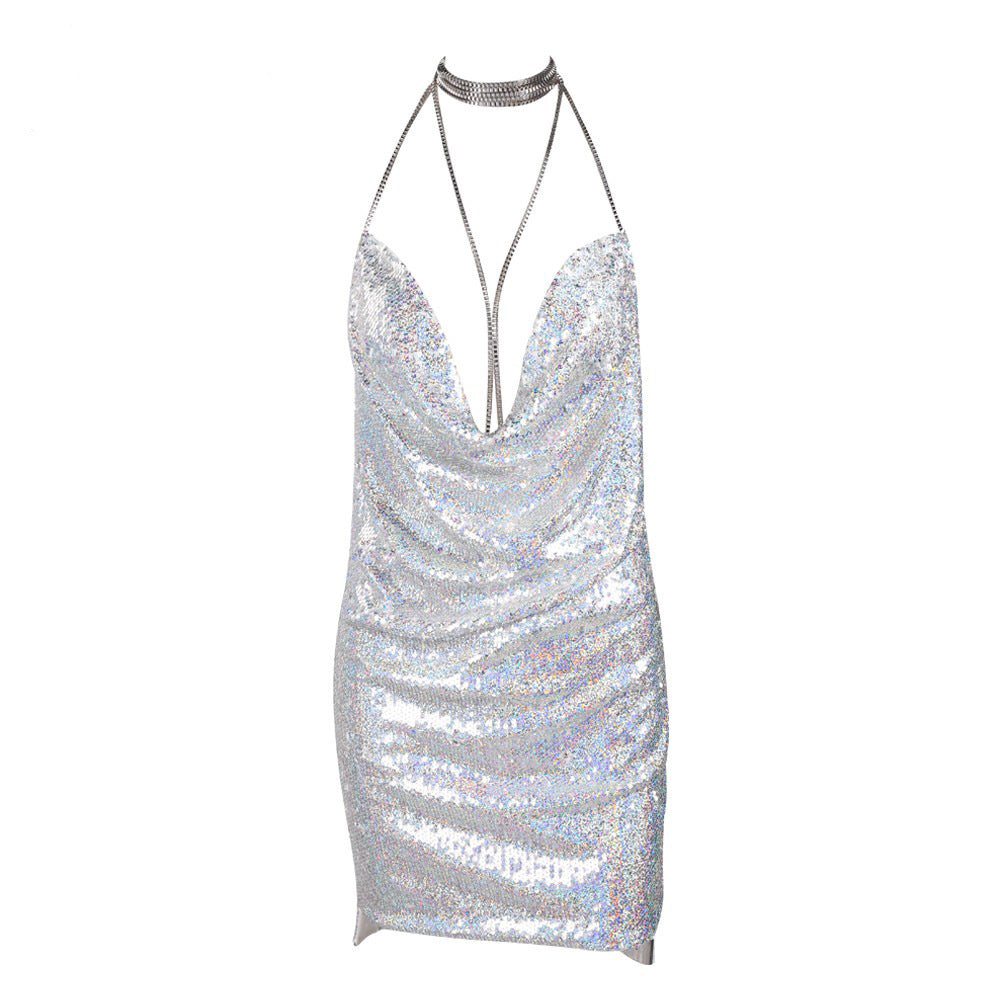 V Short Dress With Deep Backless Sequins