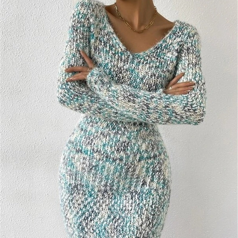 V-neck Slim-fit Two-tone Knitted Long Sleeve Sweater Color-matching Dress