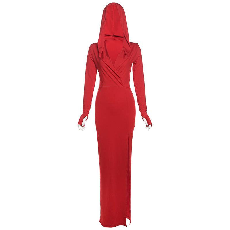 V-neck Hooded Long Sleeve Tight High Waist Split Dress