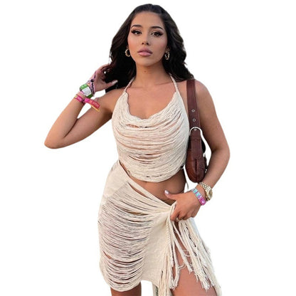 High Waist Sheath Tassel Dress Suit