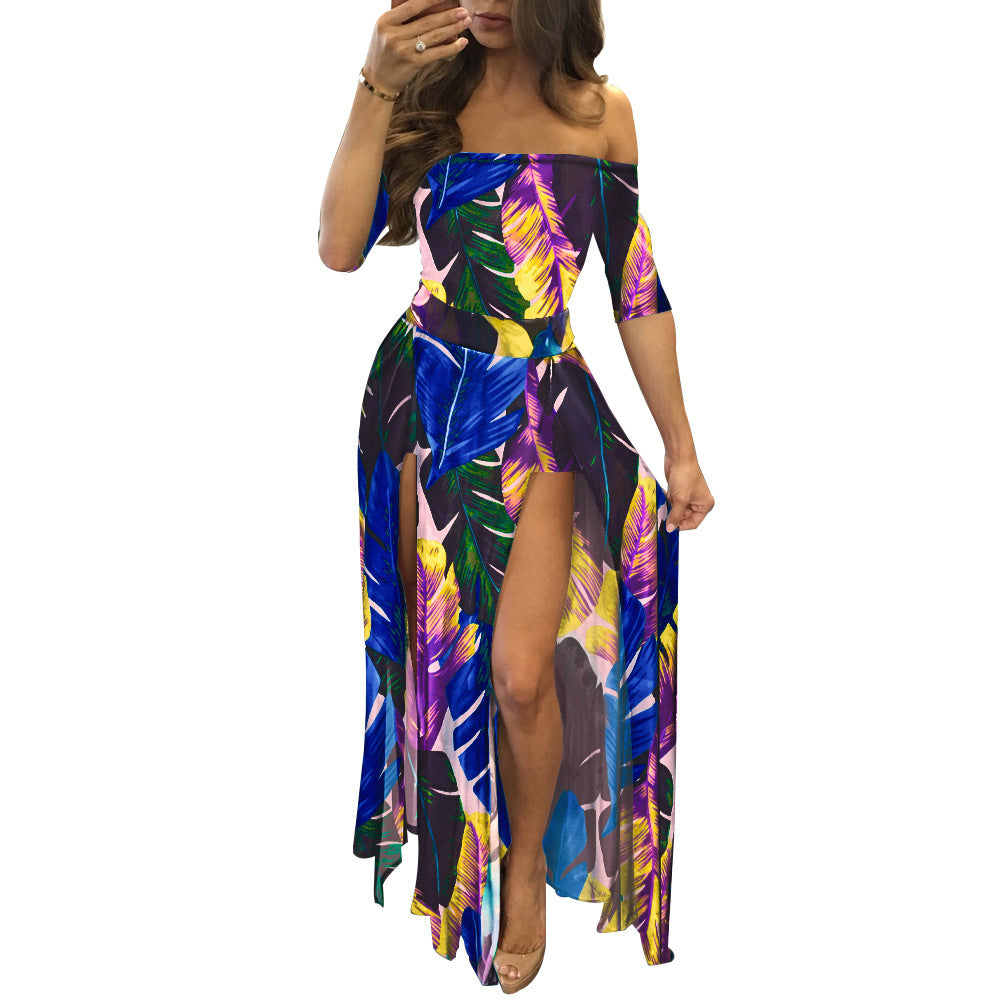 Plus Size Women's Printed One-piece Split Dress Three Colors