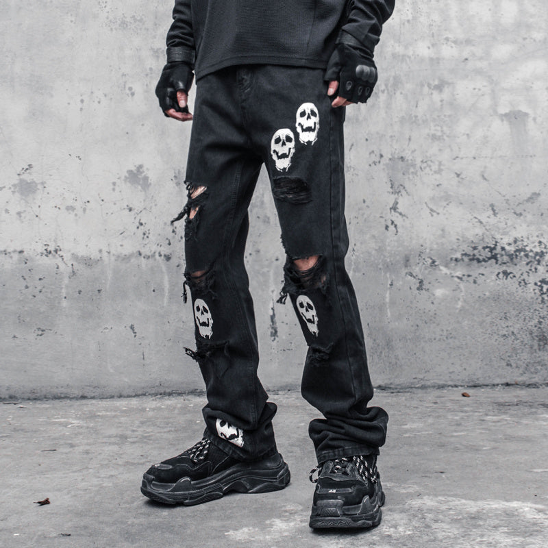 Skull And Crossbones Distressed Jeans Men