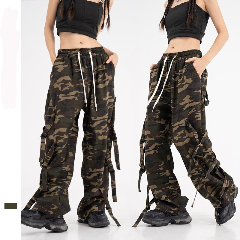 American Retro Elastic Waist Drawstring Camouflage Cargo Pants Couple Street Fashion Ribbon Straight