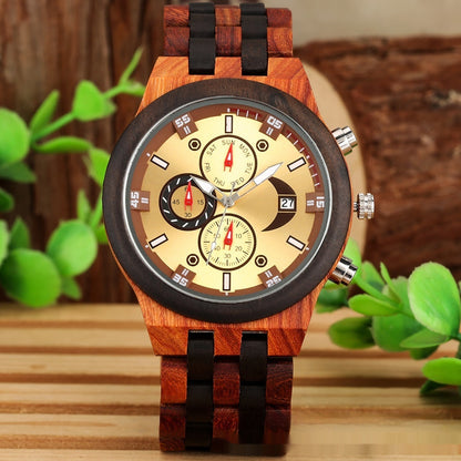 New Multi-functional Calendar Full Wood Band Quartz Watch