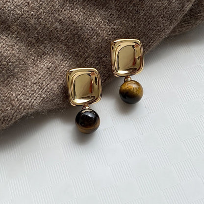 Retro Autumn And Winter Maillard Square Caramel Tigereye Stud Earrings