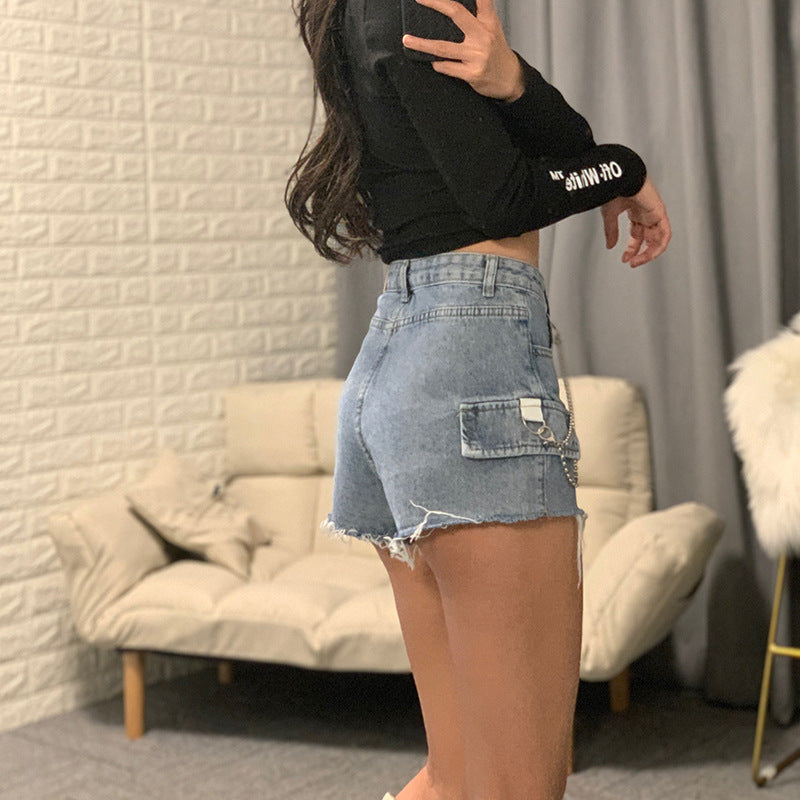 High-waisted jeans chain wide-leg raw shorts