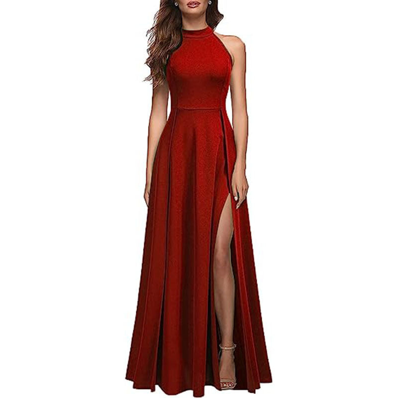 Halter Sexy Slit Short Sleeve Evening Dress