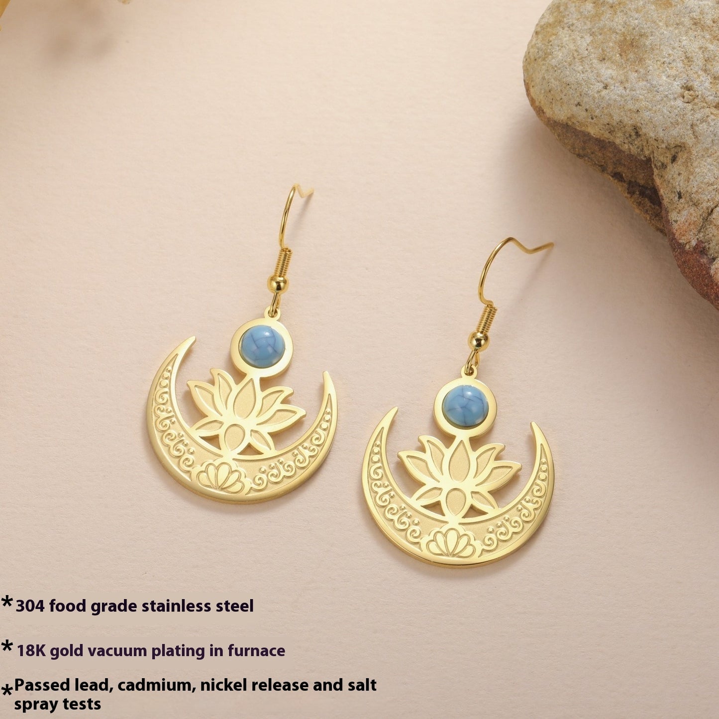 Retro Moon Corrosion Lotus Sapphire Pendant 304 Stainless Steel Earrings