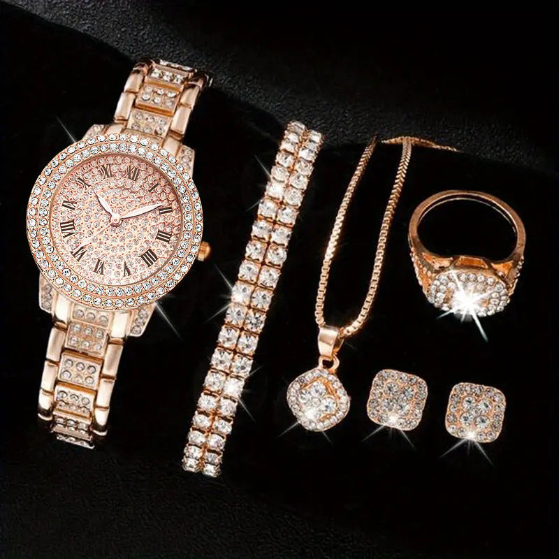 Women's Diamond Fashion Roman Quartz Watch Five-piece Set