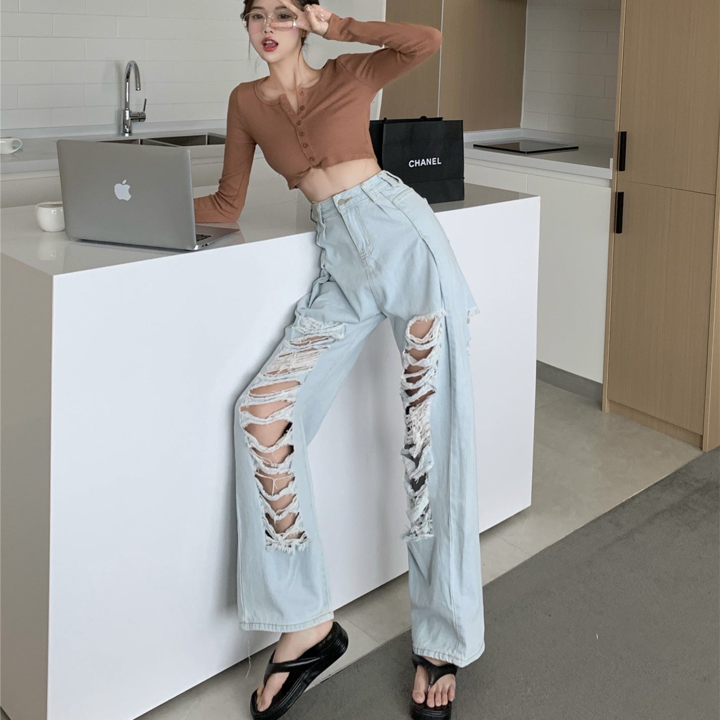 Ripped Straight  High Waist Wide Leg Pants Loose Mopping