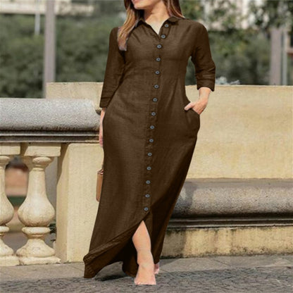 Women's Elegant Fashion Unisex Style Long Sleeve Lapel Cardigan Solid Color Long Cotton Linen Dress