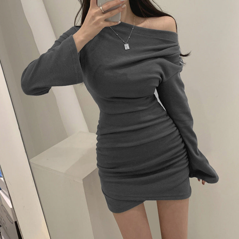 Slanted Shoulder Pleated Long-sleeved Dress Slim Fit