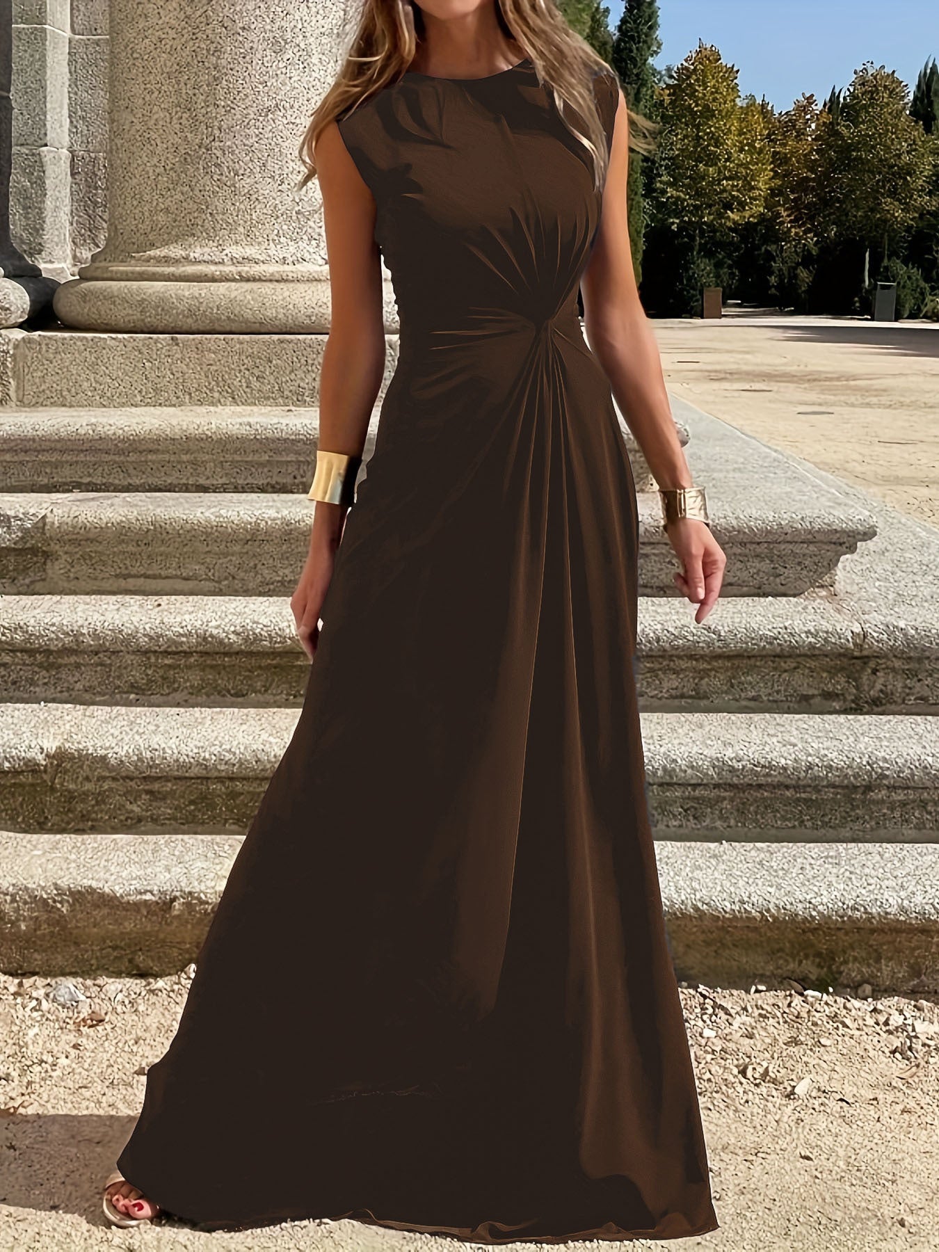 Casual Outing Temperament Commute Waist-tight Elegant Round Neck Long Dress