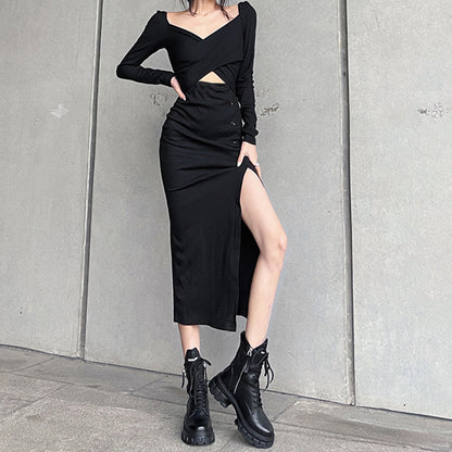 Slit-Breasted Knit Long Dress Women's Fashion