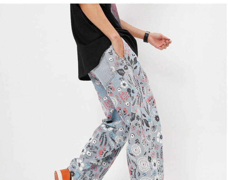 Fashion Printing Floral Doodle Printed Jeans For Men