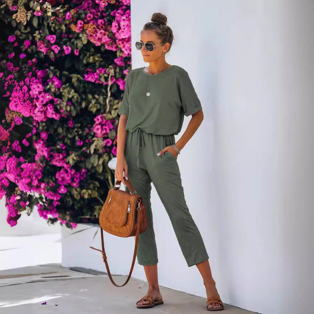 Casual And Comfortable Loose High Waist Short Sleeve Jumpsuit