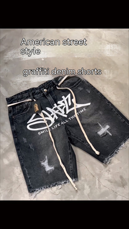 Cutting Edge Destructive Effect Graffiti Denim Shorts