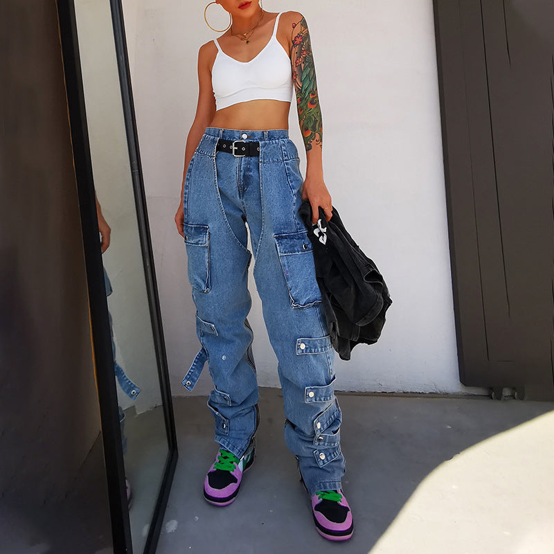 High-waisted Street Style Big Pocket Design Straight-leg Jeans