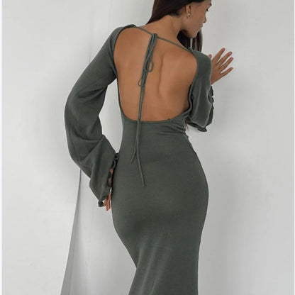 Stringy Selvedge Backless Knitted Long Dress For Women