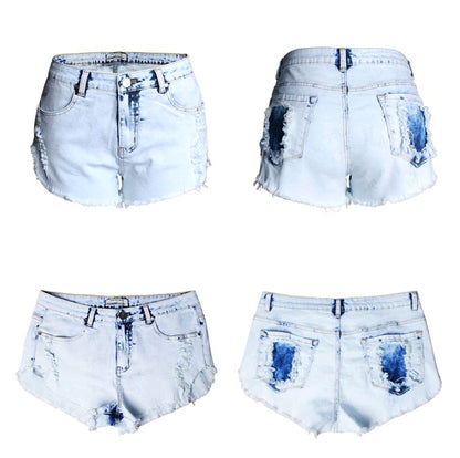 Ripped jeans women's high waist light color white worn off washed wool denim shorts