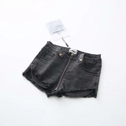 High Waist Stretch Fit Front Zip Denim Shorts