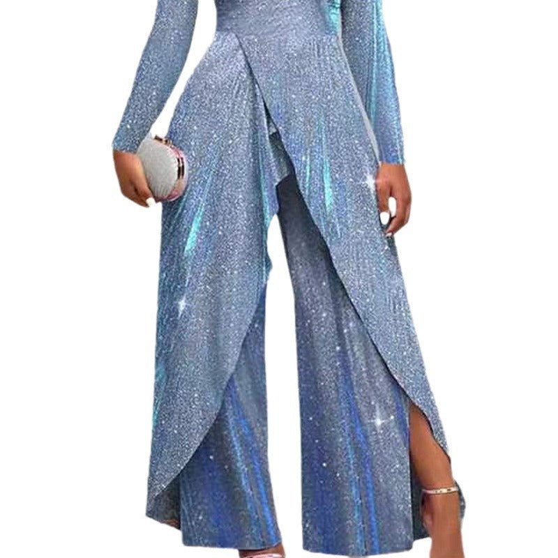 Fashion Sexy Sequined Long Skirt Diagonal Mid-waist Temperament Commute Jumpsuit