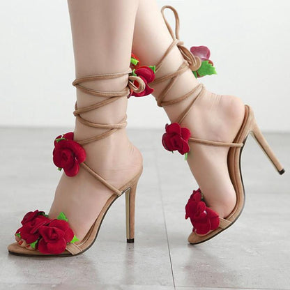 Rose Cross Lace Up Heel Sandals