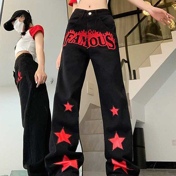 Red Star Letters Jeans For Women High Waist Casual Trousers