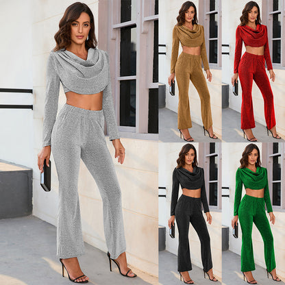 Fashion Women's Gilded Flare Pants Two-piece Suit