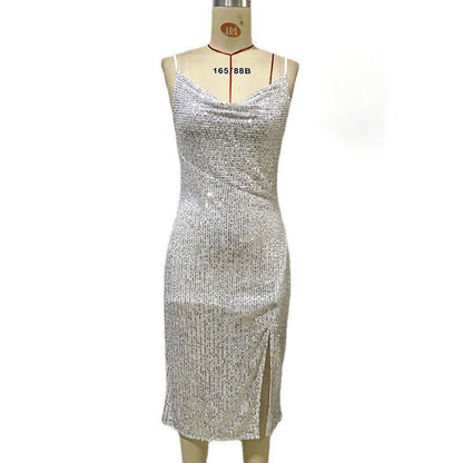 Slit Sling Sequined Dress Shows Thin Ladies Buttocks