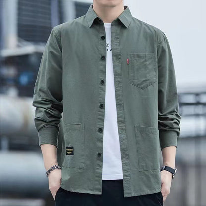 Casual Lapel Long Sleeve Shirt With Pockets Spring And Autumn Jacket Shirt Men's Tops