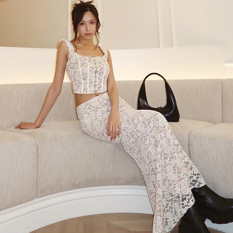 Breasted Sling Double-layer Stitching Lace Long Dress Suit