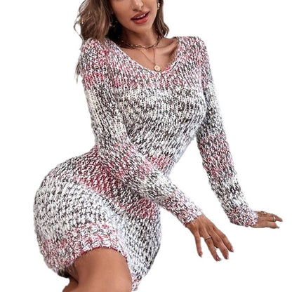 V-neck Slim-fit Two-tone Knitted Long Sleeve Sweater Color-matching Dress