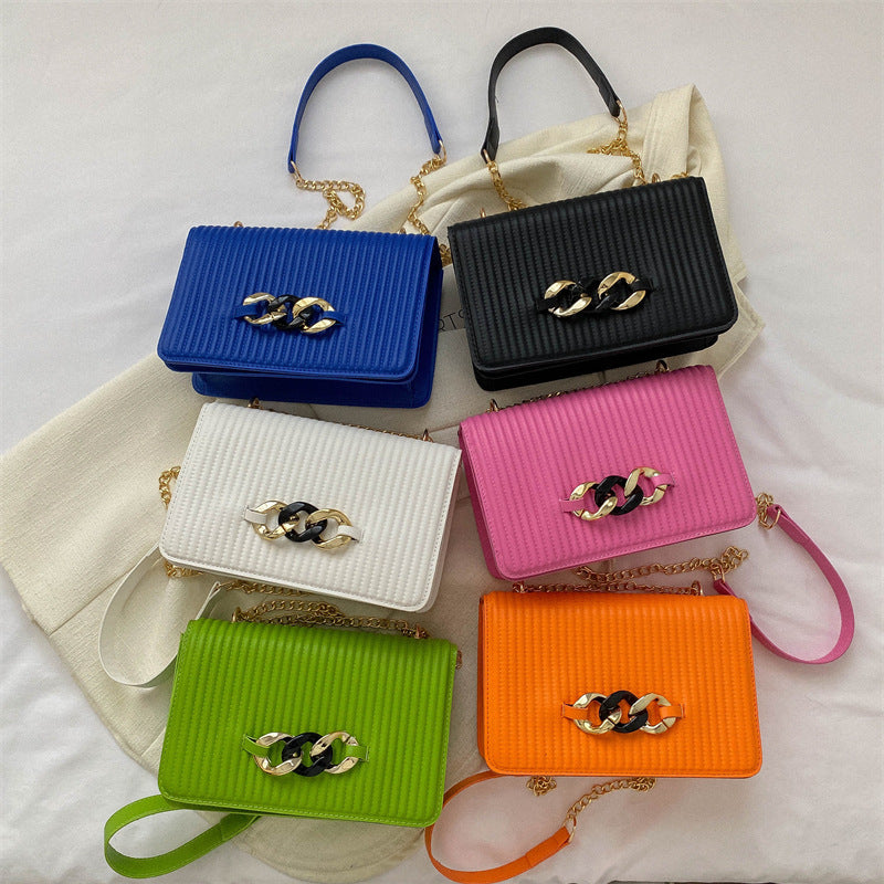 Candy-colored Chain Indentation Striped Shoulder Crossbody Small Square Bag