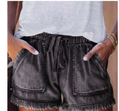 Fringed elastic loose jeans shorts