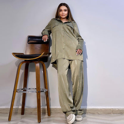 Striped Shirt Wide Leg Pants Casual Suit