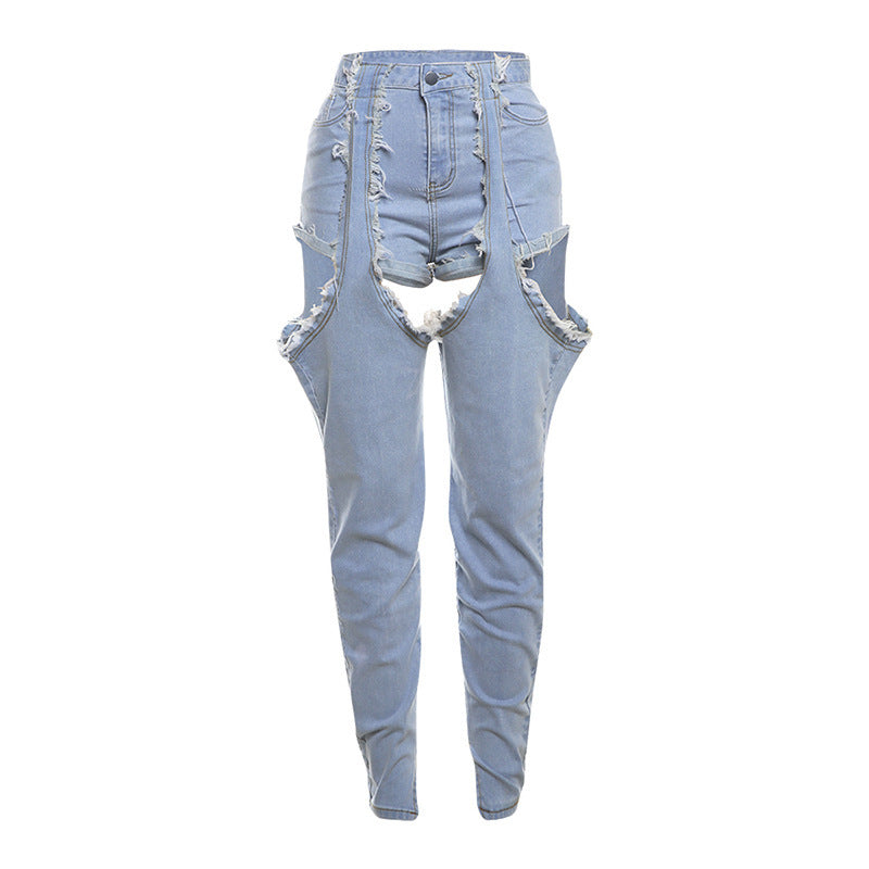 Fashion Trend Irregular Hollow-out High Waist Jeans