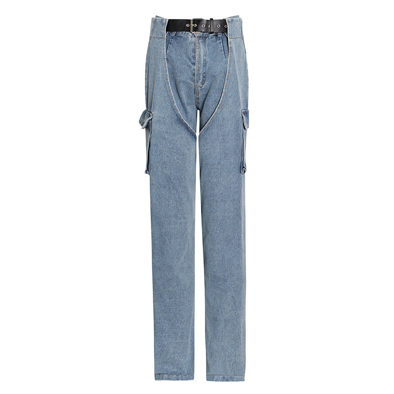 High-waisted Street Style Big Pocket Design Straight-leg Jeans