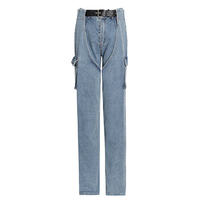 High-waisted Street Style Big Pocket Design Straight-leg Jeans