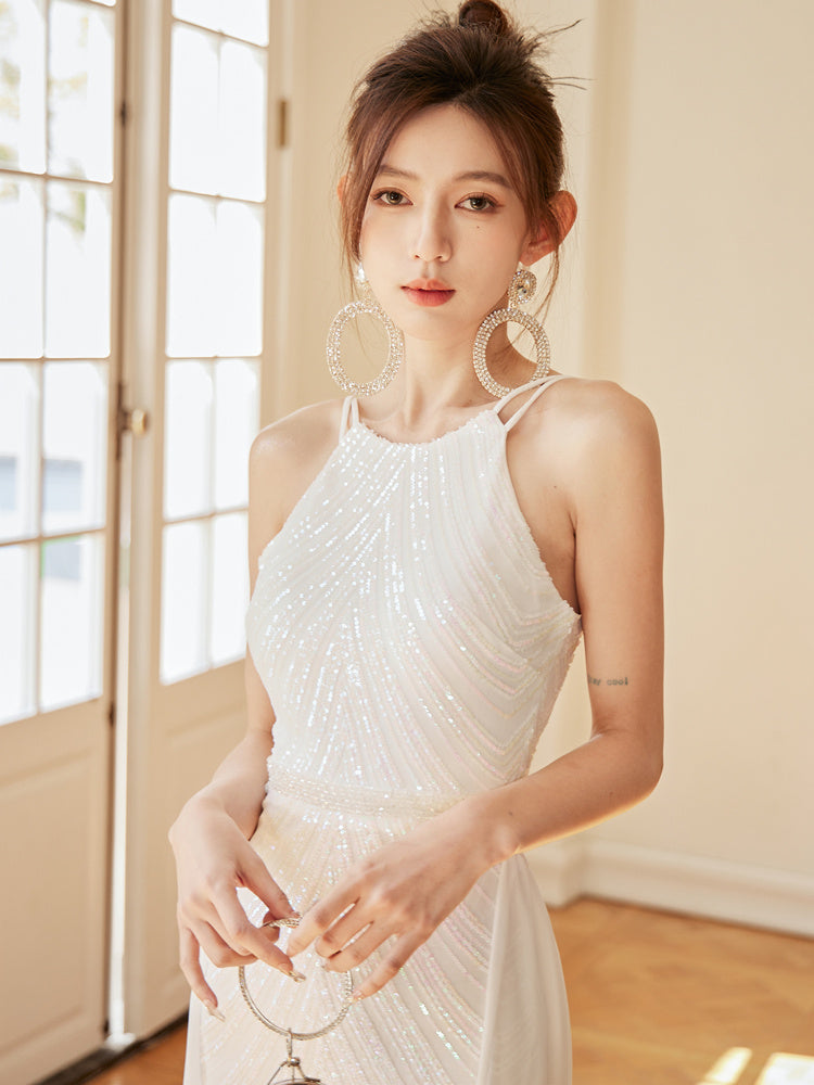 Streamer White Sequined Fishtail High-end Ribbon Dress