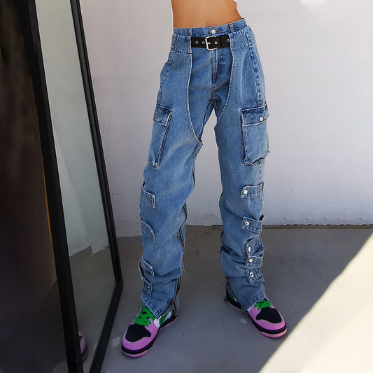 High-waisted Street Style Big Pocket Design Straight-leg Jeans