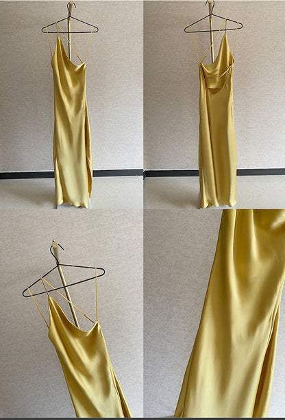 Yellow Satin Dress Senior Sense Backless Long Skirt Holiday