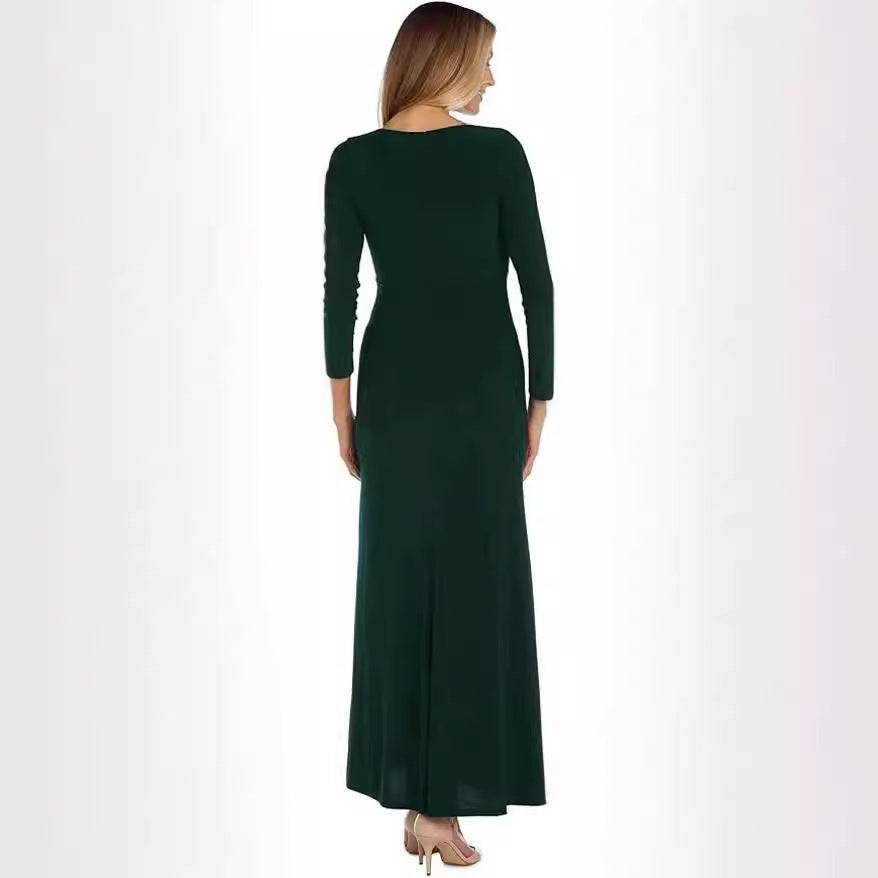 Skinny V-neck Pleated Long Sleeve Dress