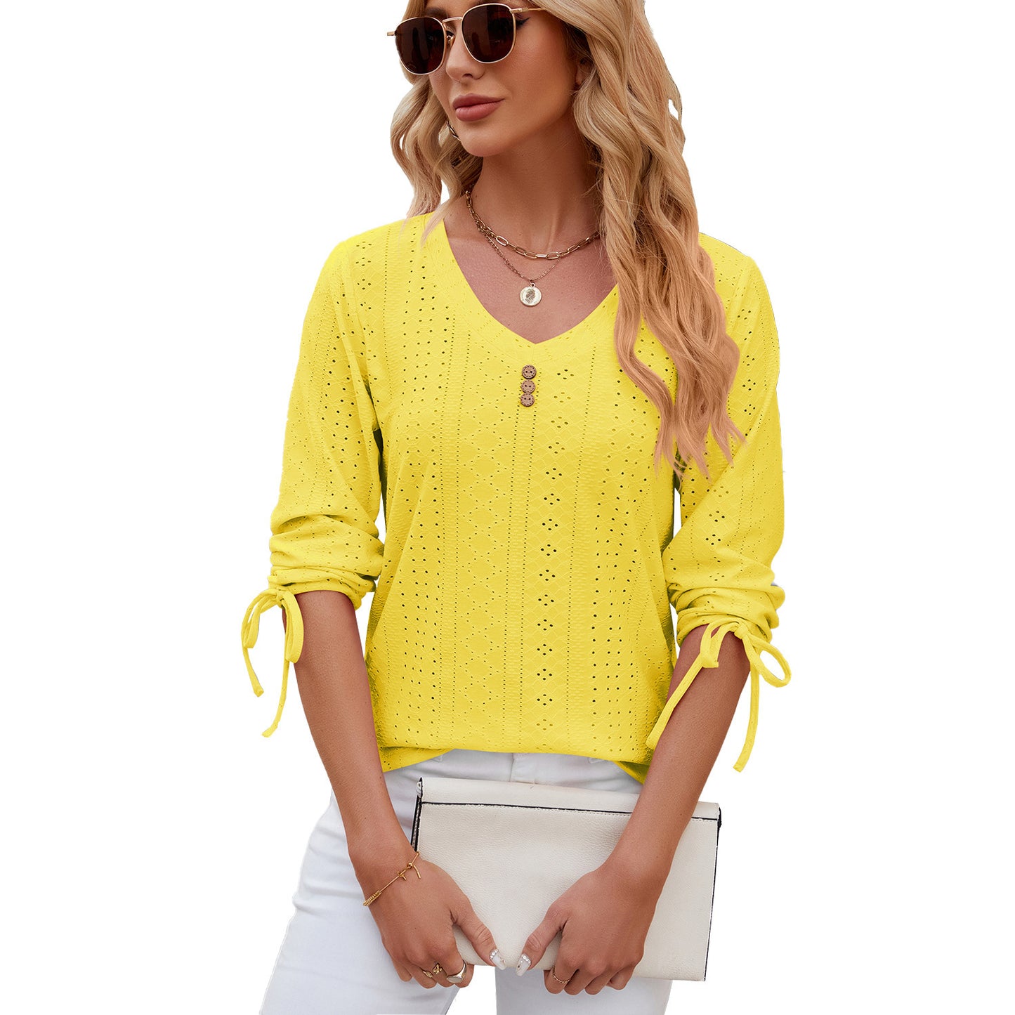 Button V-neck Solid Color Half Sleeves Loose-fitting T-shirt Top