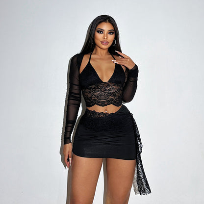 Deep V Lace Stitching Mesh Long Sleeve Dress