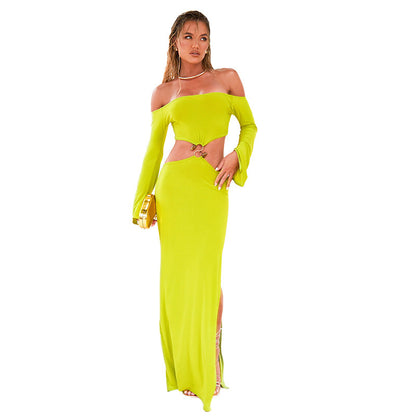 Women's Long-sleeved Off-shoulder Slit Hollow Dress