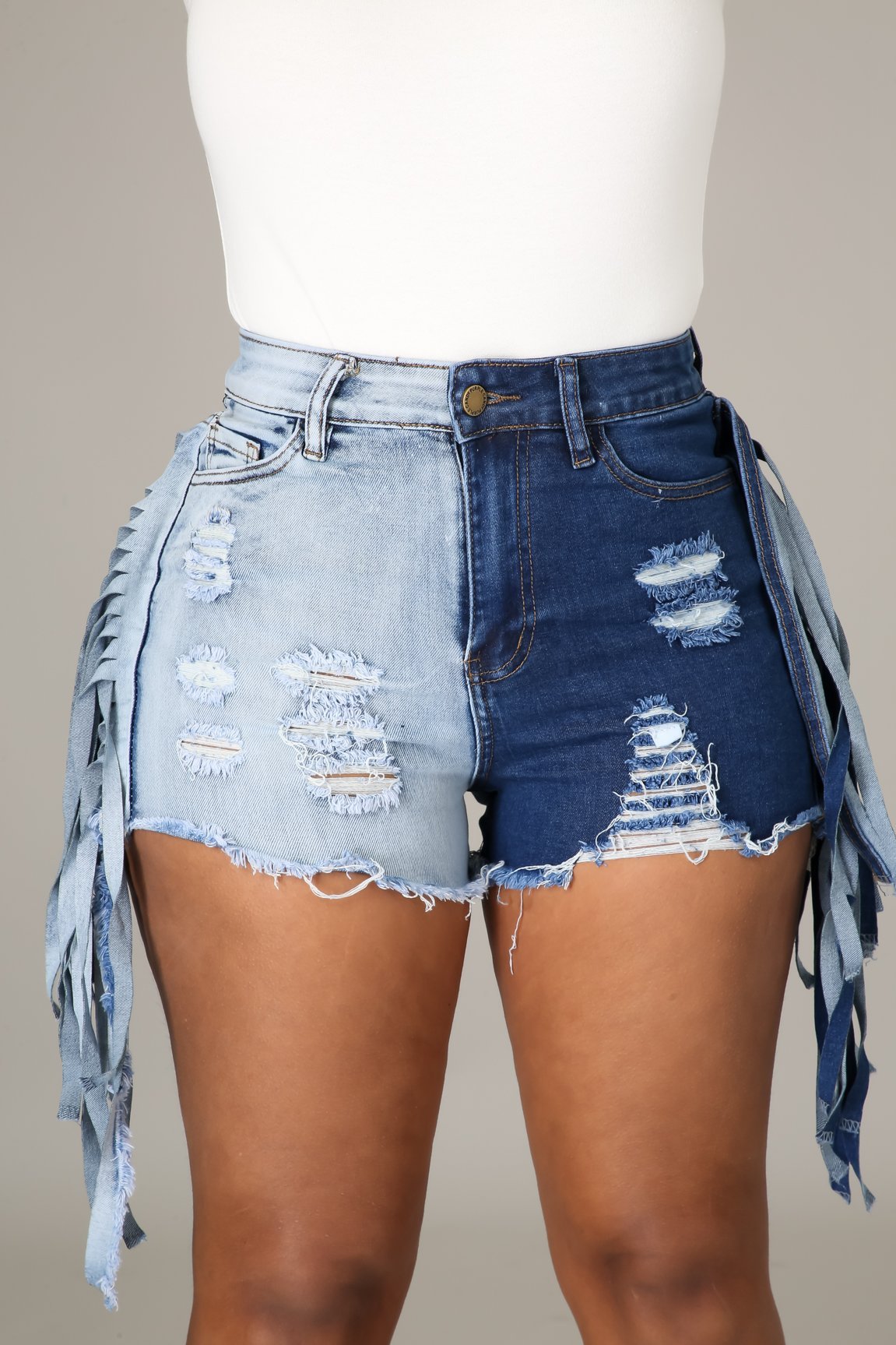 Two Tone Fringe Trim Raw Hem Denim Shorts