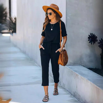 Casual And Comfortable Loose High Waist Short Sleeve Jumpsuit